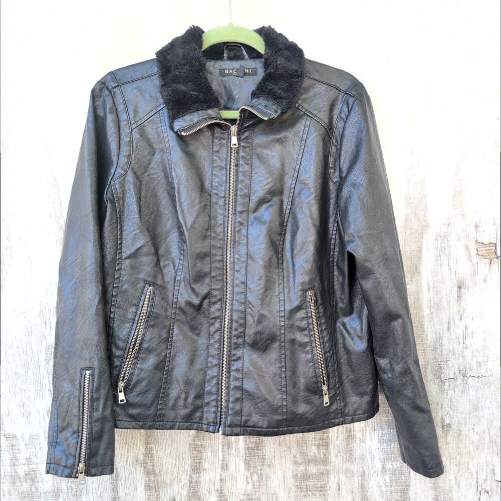 Baccini Moto IndySleaze Faux Leather Jacket Faux Fur Collar Women's Large